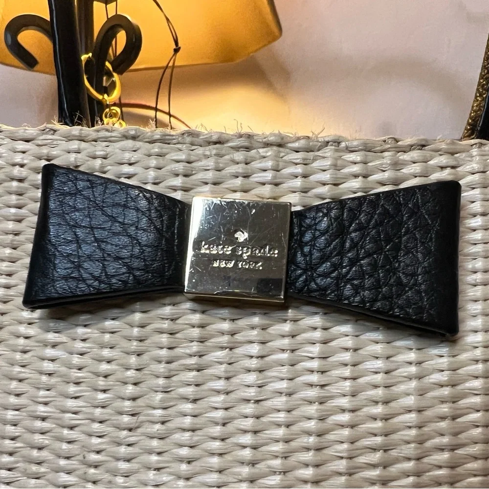 Kate Spade NY Renny Drive Francis straw & black leather Tote Shoulder Bag w Bow
